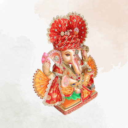 19 Inch – Royal Red Ganesha Idol | Eco-Friendly Shadu Mitti Murti with Lotus & Modak | Traditional Maharashtrian Design