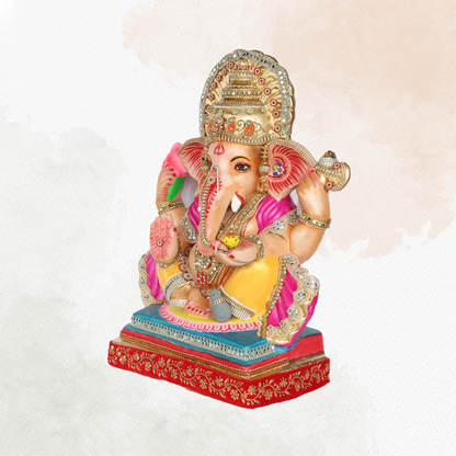23 Inch – Elegant Seated Ganesha Idol in Yellow-Pink Attire | Shadu Mitti Eco-Friendly Murti with Stone-Studded Golden Crown & Lotus in Hand