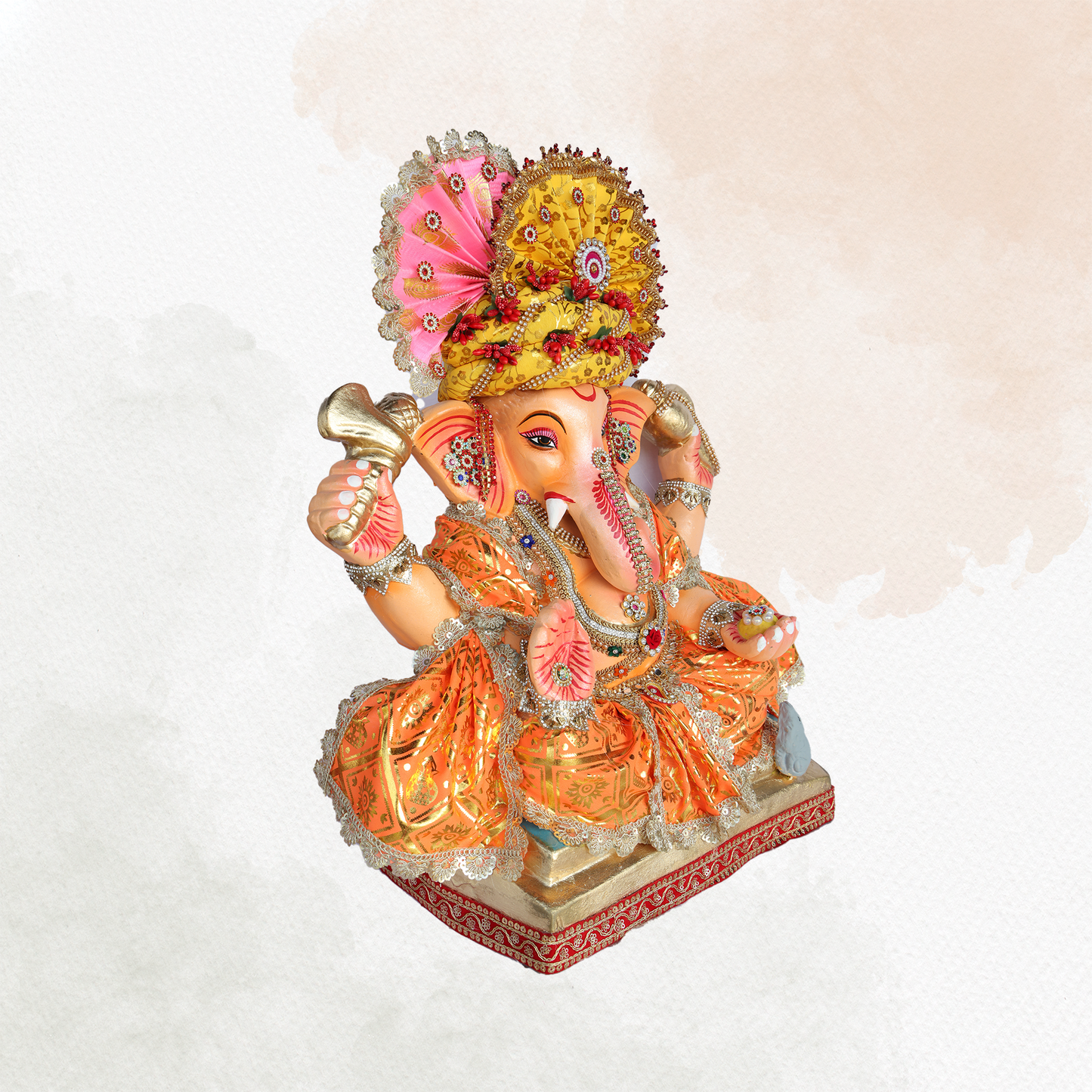 19 Inch – Royal Ganesha Idol in Traditional Orange Dress | Shadu Mitti Murti with Decorative Turban & Back Halo