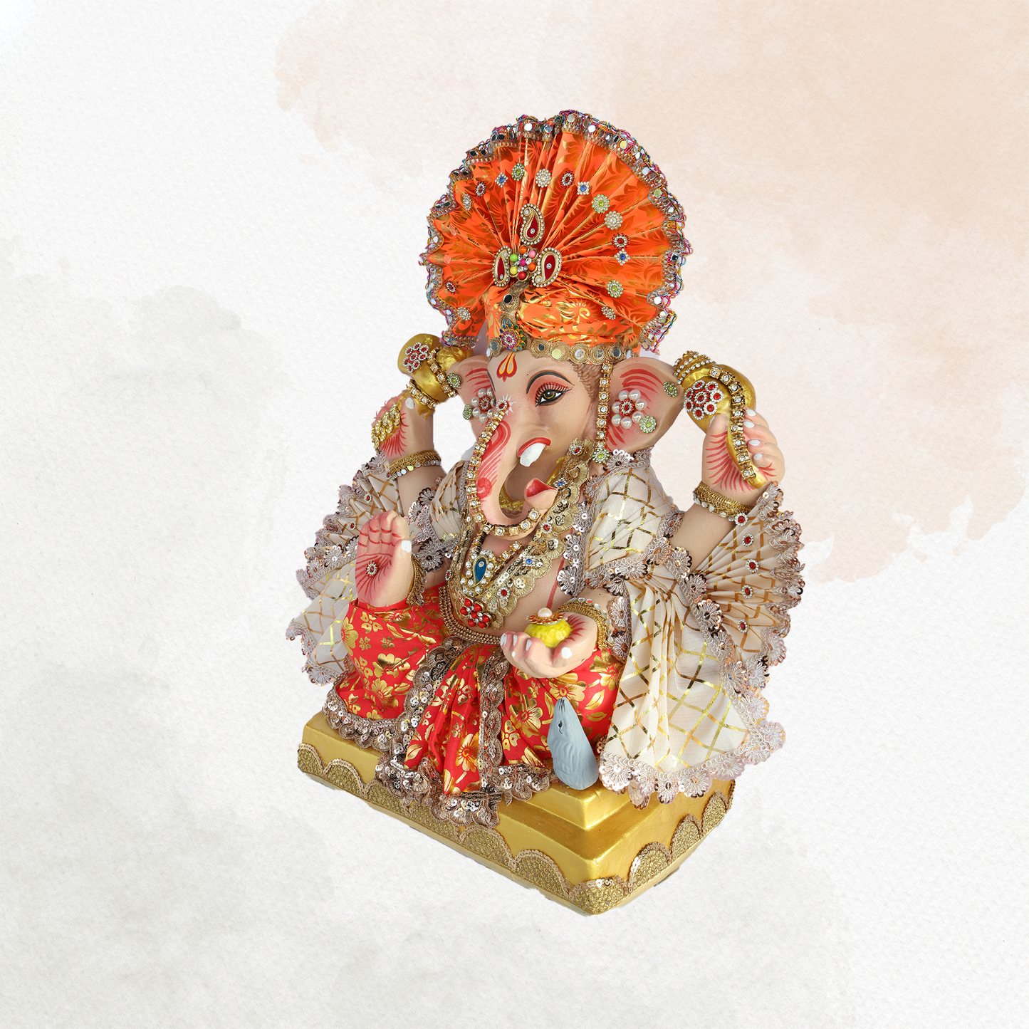 19 Inch – Majestic Seated Ganesha Idol in Red & White Attire – Shadu Mitti Clay Murti with Designer Orange Mukut & Fan Crown