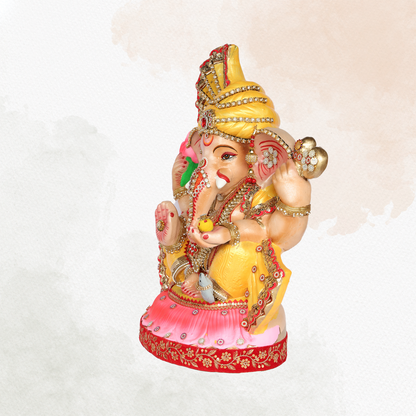 23 Inch – Majestic Seated Ganesha Idol in Yellow Attire | Shadu Mitti Eco-Friendly Murti with Fan-Style Pagdi & Red-Gold Detailing