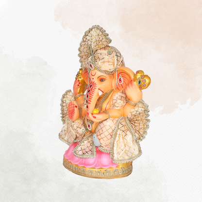 23 Inch – Elegant Seated Ganesha Idol in Cream-Gold Attire | Shadu Mitti Eco-Friendly Murti with Designer Pagdi & Red Gemstone Work