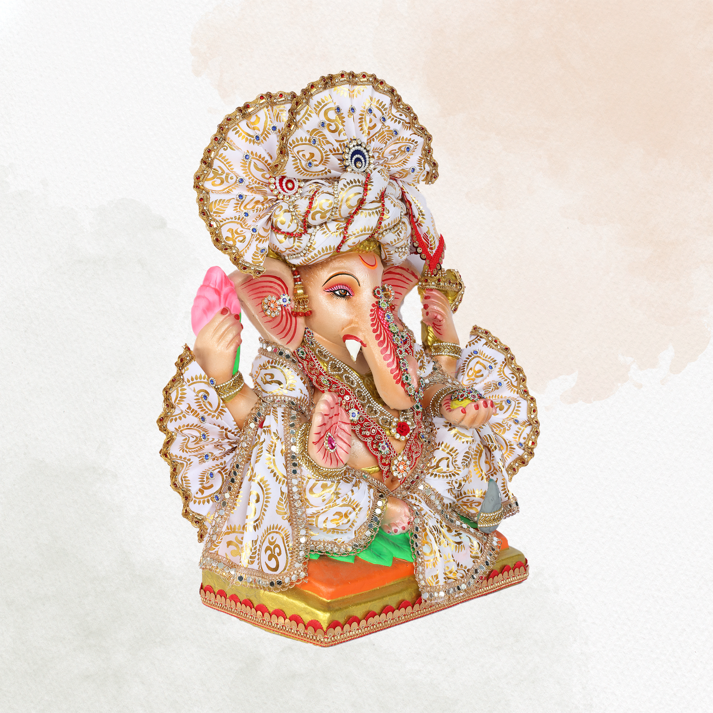 19 Inch – Elegant White Ganesha Idol | Eco-Friendly Shadu Mitti Ganpati with Lotus & Modak | Designer Maharashtrian Style