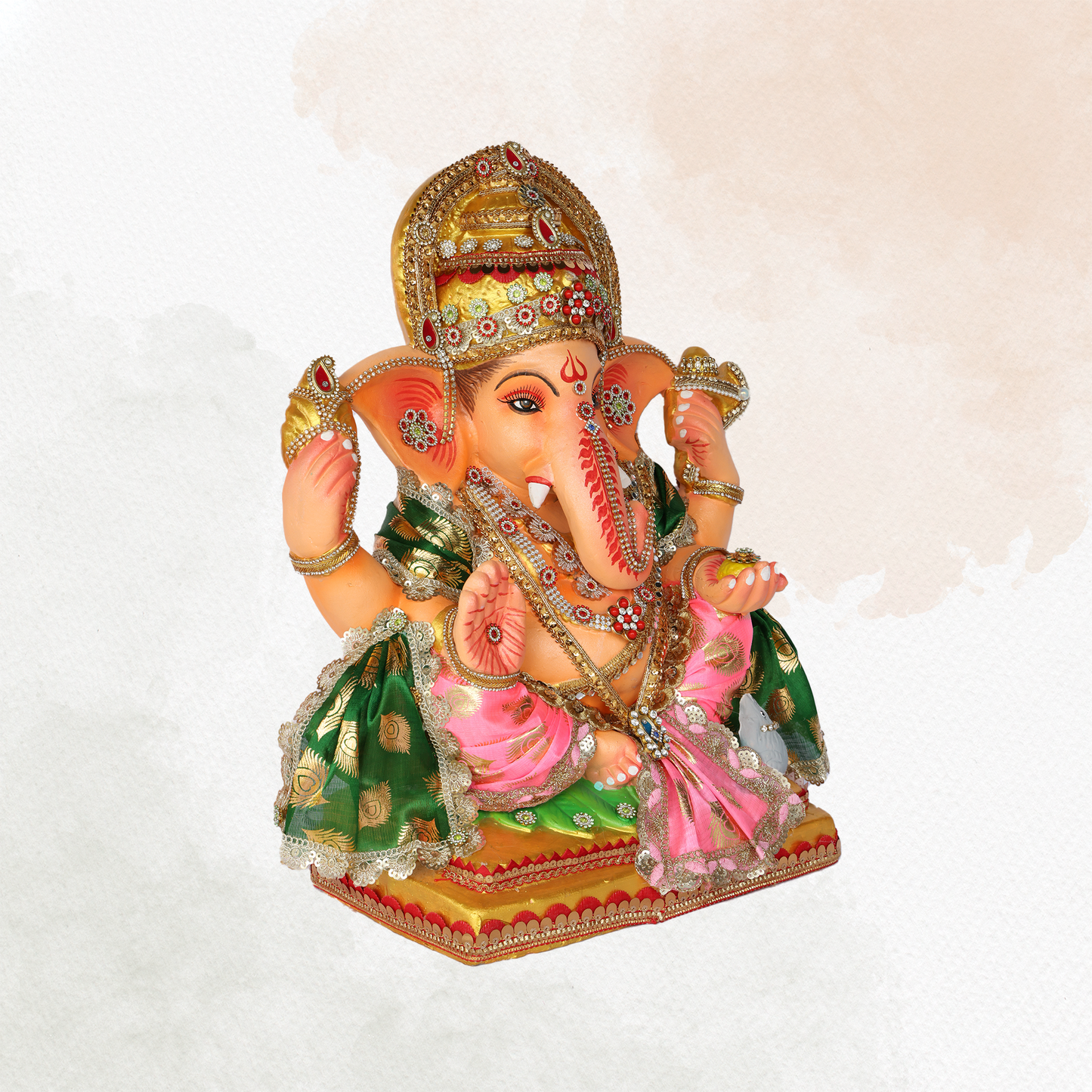 19 Inch – Royal Pink & Green Ganesha Idol | Eco-Friendly Shadu Mitti Ganpati Murti with Crown & Kalash