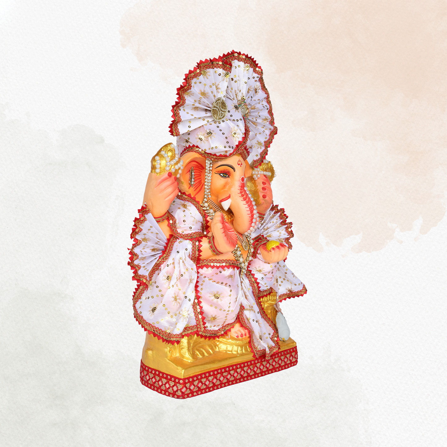 23 Inch – Divine White Ganesha Idol in Shadu Mitti | Eco-Friendly Murti with Pearl-Stone Work & Majestic Fan-Style Pagdi