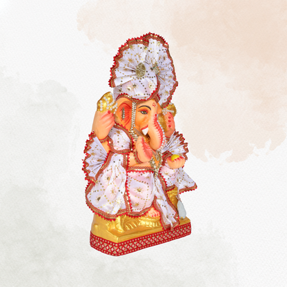 23 Inch – Divine White Ganesha Idol in Shadu Mitti | Eco-Friendly Murti with Pearl-Stone Work & Majestic Fan-Style Pagdi