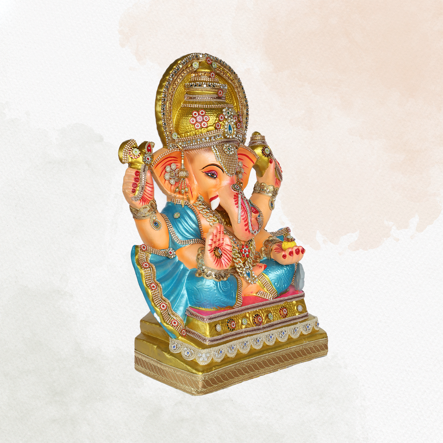 25 Inch – Radiant Ganesha Idol in Blue-Gold Attire | Eco-Friendly Shadu Mitti Murti with Ornate Crown & Modak Pose
