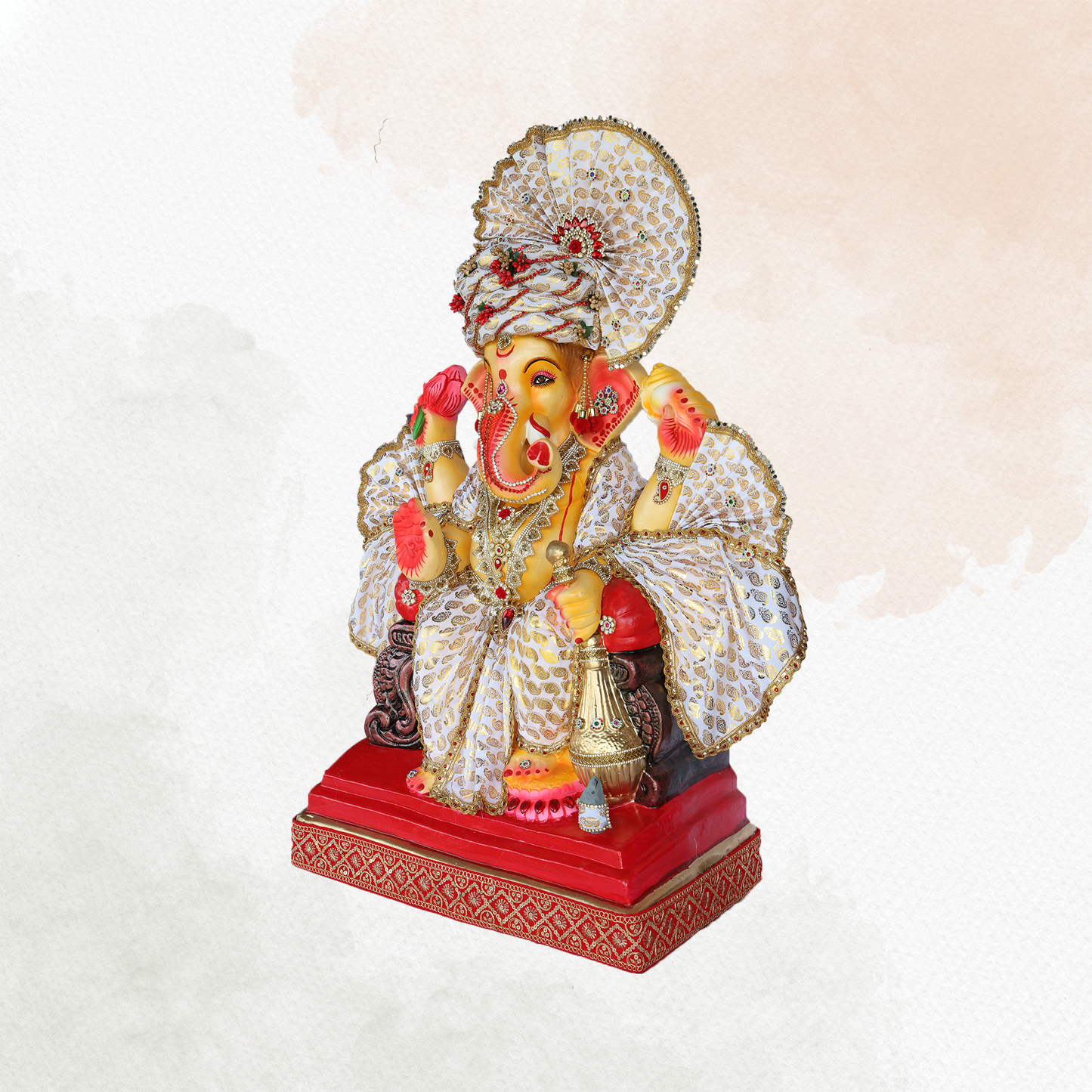 34Inch - Royal Seated Ganesha Idol in Elegant White & Gold Attire | Shadu Mitti Murti with Designer Pagdi and Golden Kalash