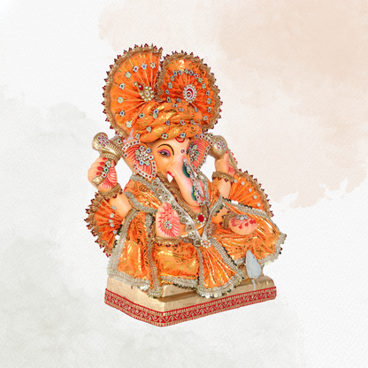 19 Inch – Regal Seated Ganesha Idol in Vibrant Orange Attire | Shadu Mitti Eco-Friendly Murti with Grand Turban & Blessing Pose