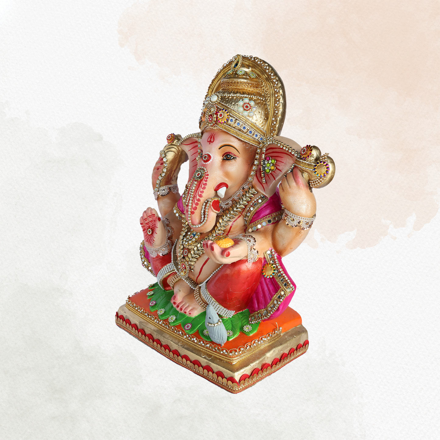 19 Inch – Divine Seated Ganesha Idol in Red Attire – Shadu Mitti Clay Murti with Golden Crown & Pink Dupatta
