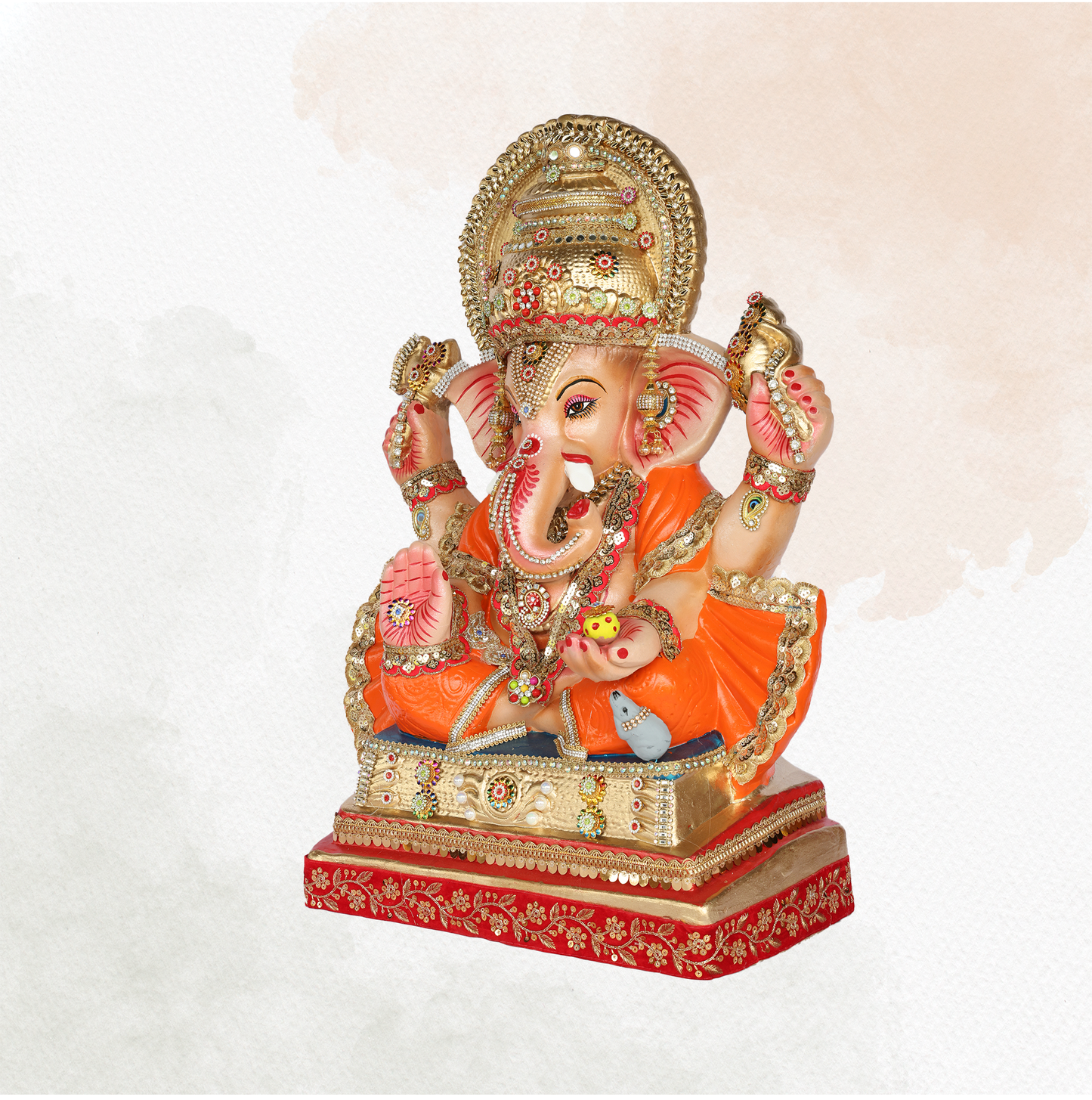 24 Inch – Traditional Ganesha Idol in Orange Attire | Shadu Mitti Murti with Red-Golden Platform & Eco-Friendly Finish