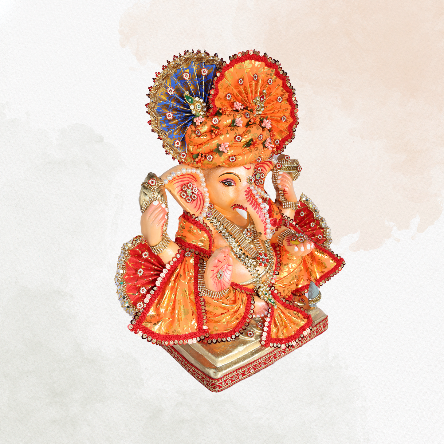 19 Inch – Traditional Orange Attired Ganesha Idol – Shadu Mitti Clay Murti with Floral Pagdi & Designer Fan