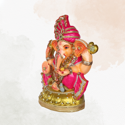 23 Inch – Royal Pink Ganesha Idol | Shadu Mitti Eco-Friendly Murti with Golden Base & Crown Pagdi