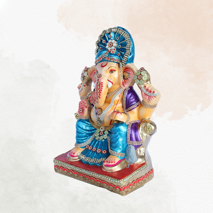17 Inch – Majestic Blue Ganpati Idol | Eco-Friendly Shadu Mitti Ganesh Murti with Decorative Embellishments