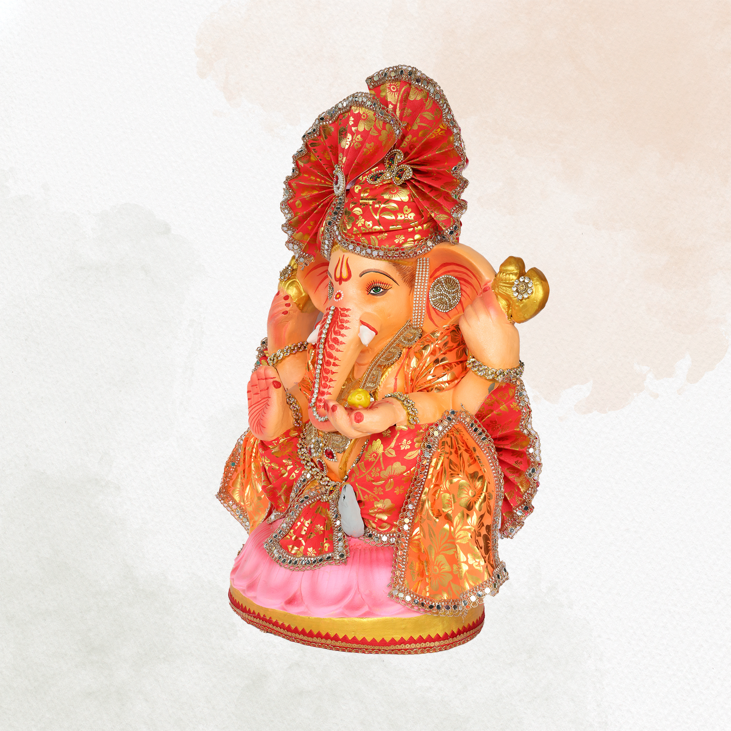 23 Inch – Traditional Orange Ganesha Idol | Shadu Mitti Eco-Friendly Murti with Red Pagdi & Pink Lotus Base