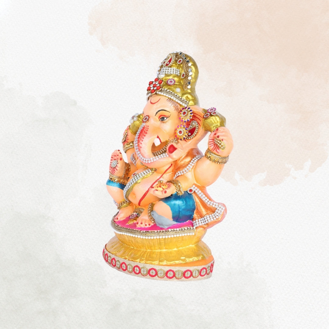 13 Inch – Warm Orange and Blue Attire Ganesha Idol | Decorated with Beads & Stones | Traditional Finish | Eco-Friendly Clay
