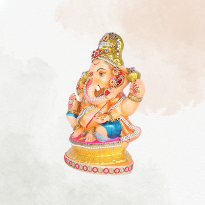 13 Inch – Warm Orange and Blue Attire Ganesha Idol | Decorated with Beads & Stones | Traditional Finish | Eco-Friendly Clay