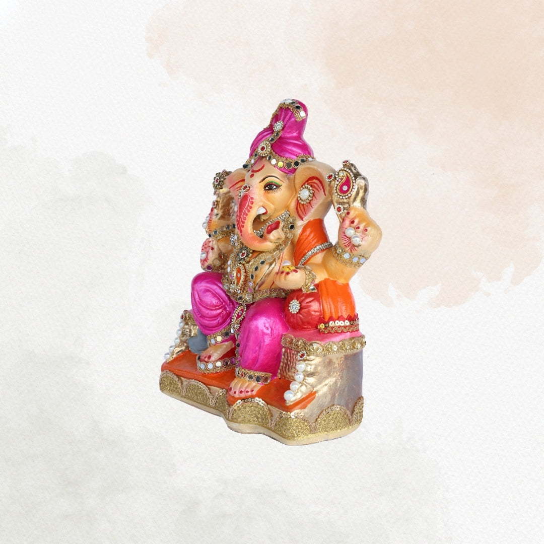 13 Inch – Pink Attire & Kundan Work Ganesha Idol | Eco-Friendly Clay Murti Sitting on Throne