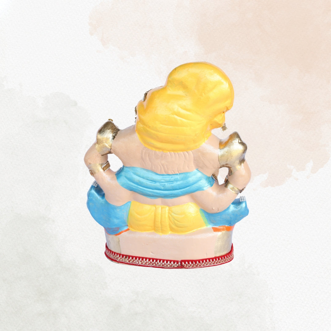14 Inch – Elegant Ganesha Idol in Yellow Dhoti | Shadu Mitti Murti with Golden Pagdi & Shivling | Eco-Friendly Visarjan Idol