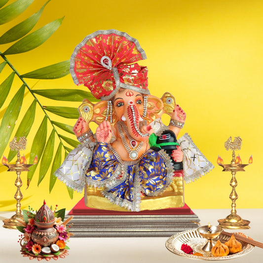 14 Inch – Royal Ganesha Idol in Blue & Gold Silk Attire | Shadu Mitti Murti with Designer Red Pheta & Shivling | Eco-Friendly Idol