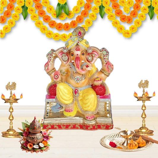 13 Inch – Eco-Friendly Shadu Mitti Lord Ganesha Idol| Yellow Attire with Kundan & Pearl Work