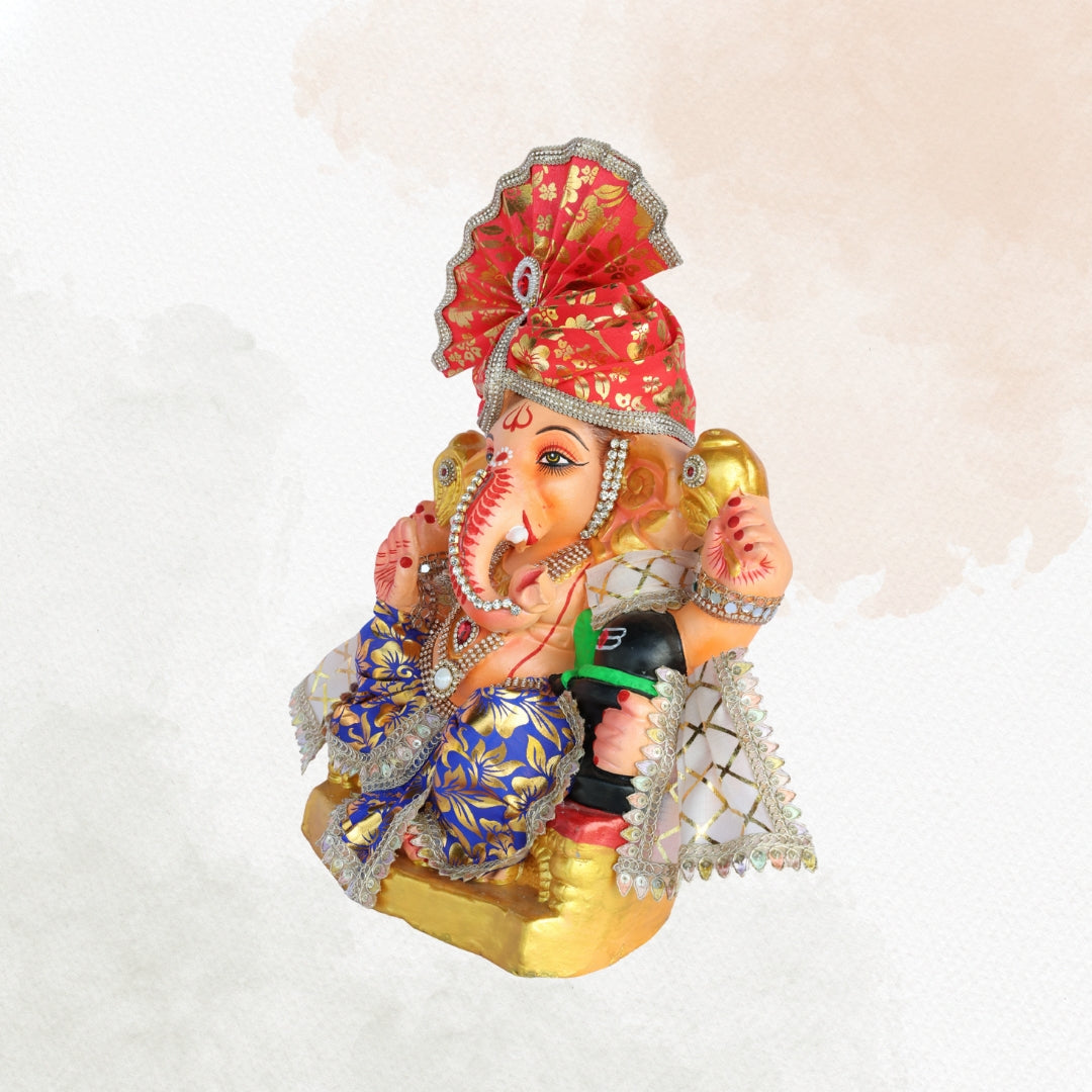 14 Inch – Royal Ganesha Idol in Blue & Gold Silk Attire | Shadu Mitti Murti with Designer Red Pheta & Shivling | Eco-Friendly Idol