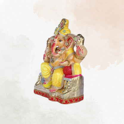 13 Inch – Eco-Friendly Shadu Mitti Lord Ganesha Idol| Yellow Attire with Kundan & Pearl Work