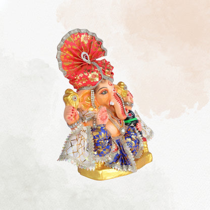 14 Inch – Royal Ganesha Idol in Blue & Gold Silk Attire | Shadu Mitti Murti with Designer Red Pheta & Shivling | Eco-Friendly Idol