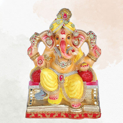 13 Inch – Eco-Friendly Shadu Mitti Lord Ganesha Idol| Yellow Attire with Kundan & Pearl Work