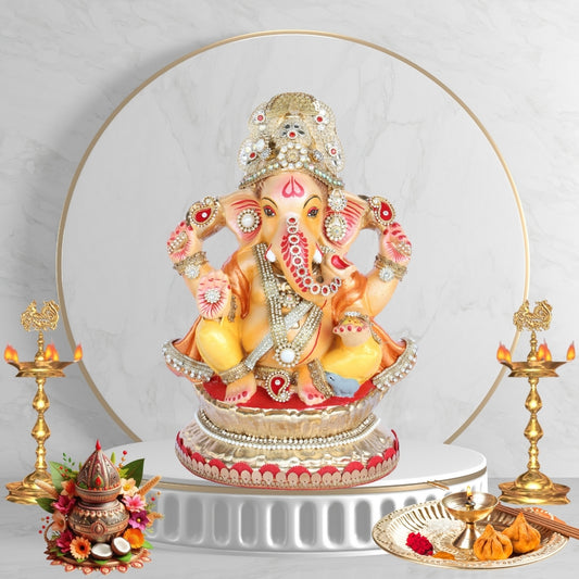 13 Inch – Silver Embellished with Pearl & Kundan Work Ganesha Idol | Eco-Friendly Clay