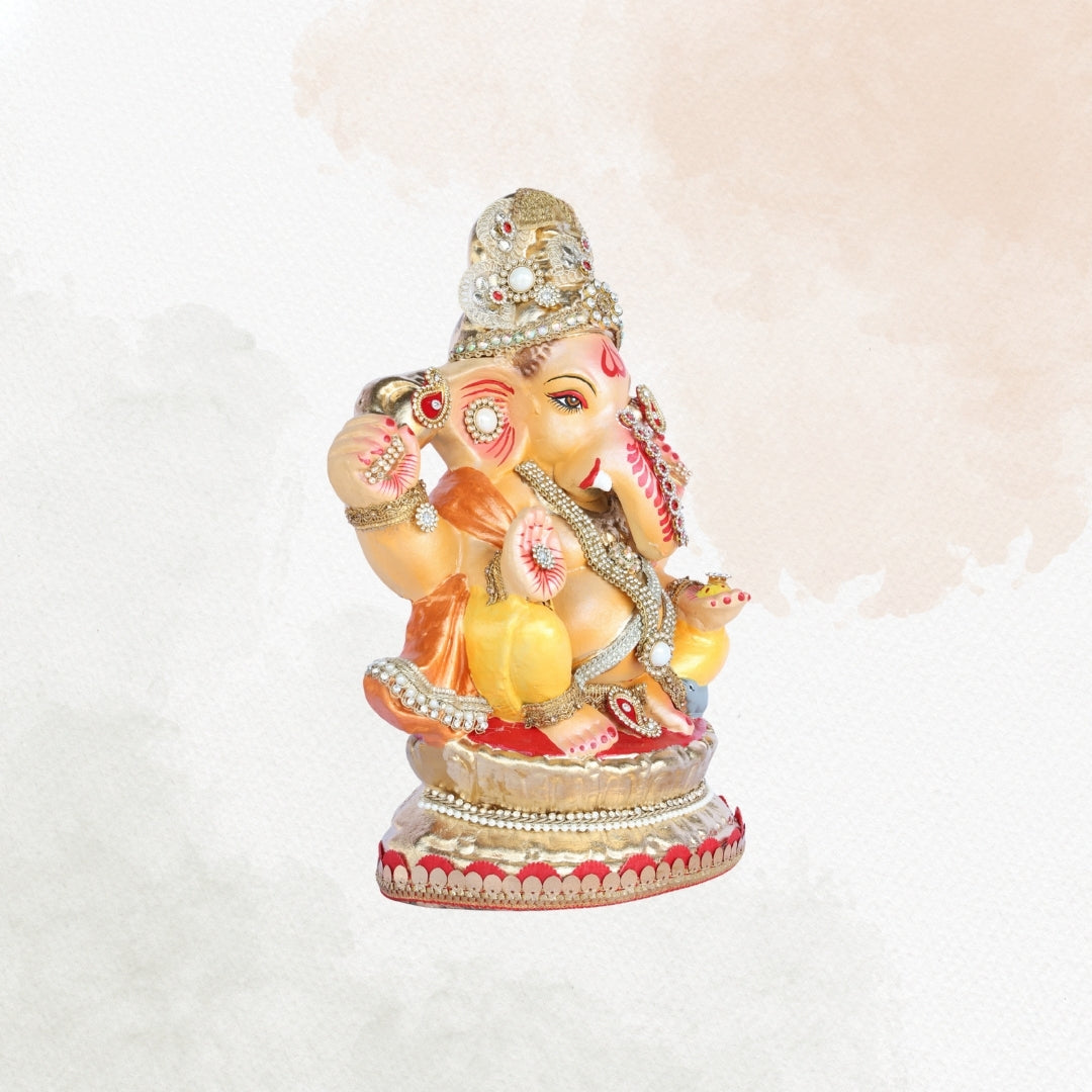 13 Inch – Silver Embellished with Pearl & Kundan Work Ganesha Idol | Eco-Friendly Clay
