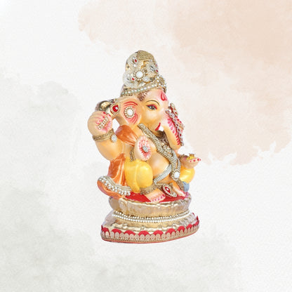 13 Inch – Silver Embellished with Pearl & Kundan Work Ganesha Idol | Eco-Friendly Clay