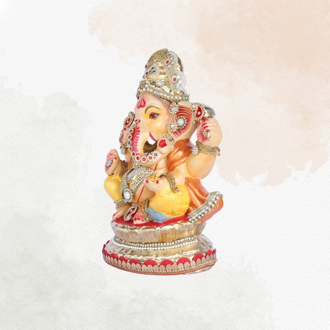 13 Inch – Silver Embellished with Pearl & Kundan Work Ganesha Idol | Eco-Friendly Clay