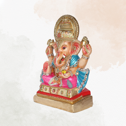 25 Inch – Majestic Ganesha Idol in Blue & Pink Attire | Shadu Mitti Clay Murti with Ornate Golden Crown & Blessing Pose