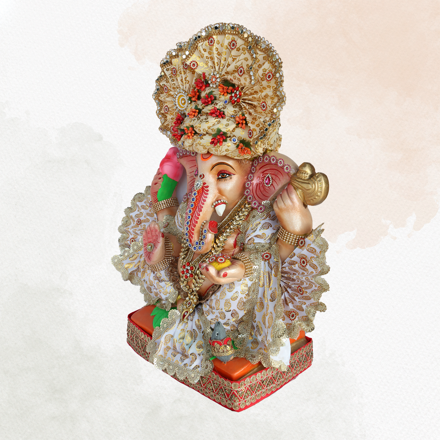 19 Inch – Royal White Attire Ganesha Idol with Floral Crown | Shadu Mitti Eco-Friendly Murti Holding Lotus & Laddoo