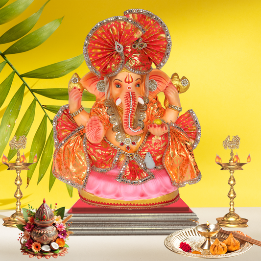 23 Inch – Traditional Orange Ganesha Idol | Shadu Mitti Eco-Friendly Murti with Red Pagdi & Pink Lotus Base
