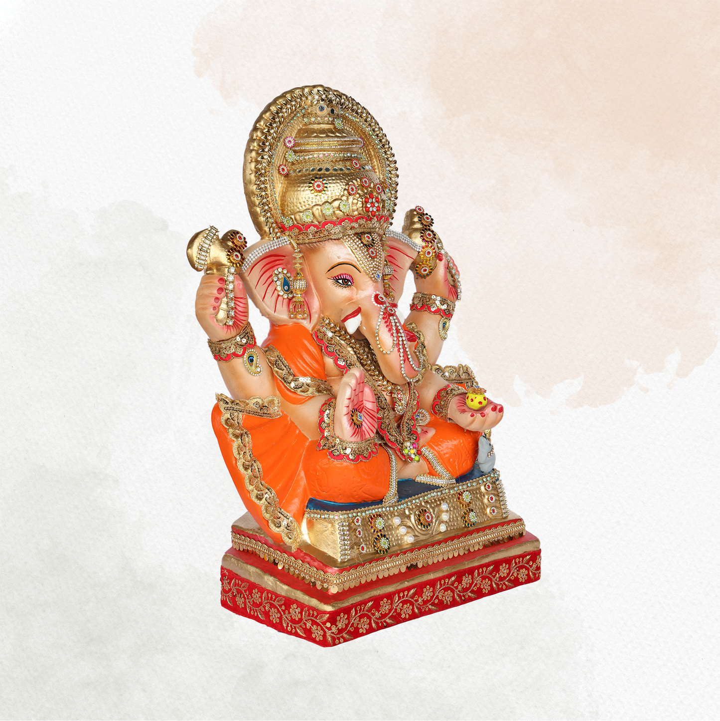 24 Inch – Traditional Ganesha Idol in Orange Attire | Shadu Mitti Murti with Red-Golden Platform & Eco-Friendly Finish