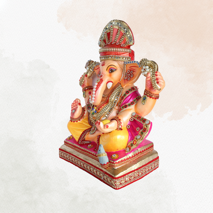 19 Inch – Elegant Seated Ganesha Idol in Yellow Attire –  Shadu Mitti Clay Murti with Red Pagdi & Pearl Stone Work