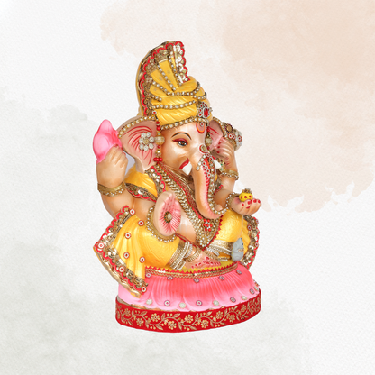 23 Inch – Majestic Seated Ganesha Idol in Yellow Attire | Shadu Mitti Eco-Friendly Murti with Fan-Style Pagdi & Red-Gold Detailing