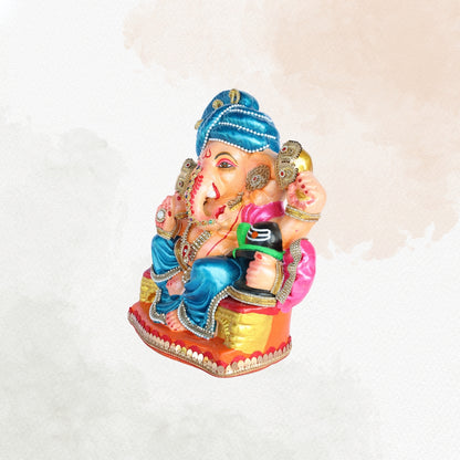 14 Inch – Shiv Putra Ganesha Idol with Blue Pagdi | Shadu Mitti Eco-Friendly Murti with Shivling