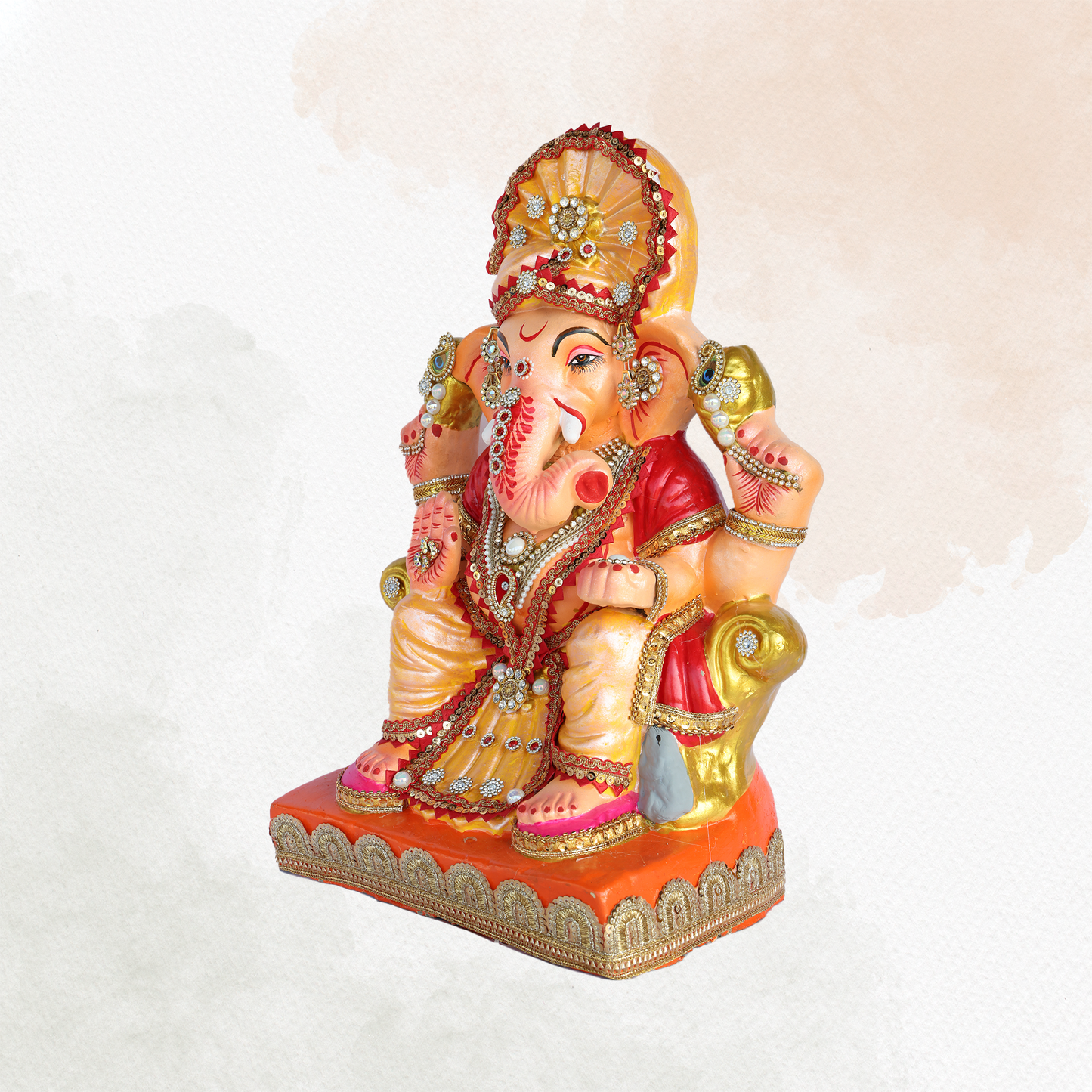 17 Inch – Royal Seated Ganesha Idol in Orange-Yellow Attire | Shadu Mitti Clay Murti with Fan Crown & Kundan Embellishments