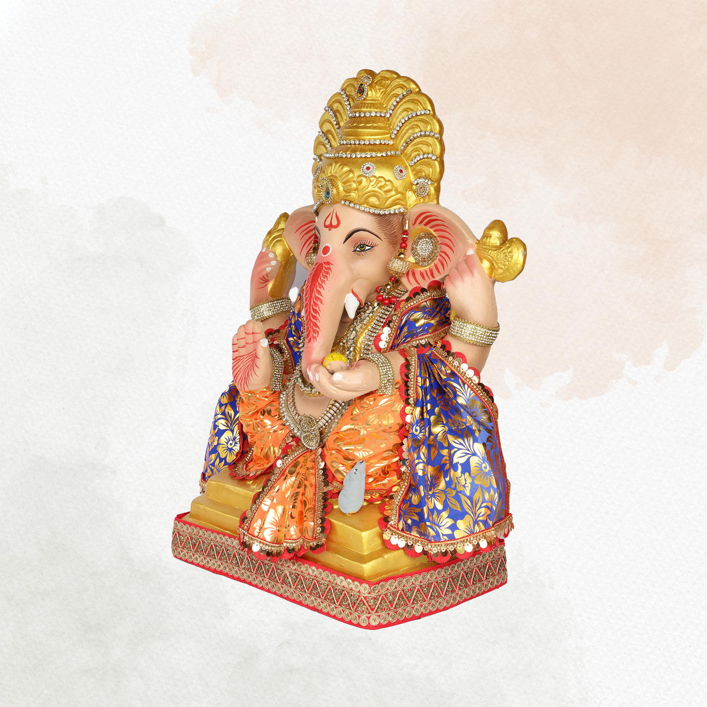 23 Inch – Elegant Seated Ganpati Idol in Orange & Blue Attire | Shadu Mitti Eco-Friendly Murti with Golden Crown & Traditional Floral Dupatta