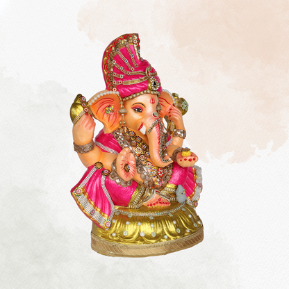 23 Inch – Royal Pink Ganesha Idol | Shadu Mitti Eco-Friendly Murti with Golden Base & Crown Pagdi