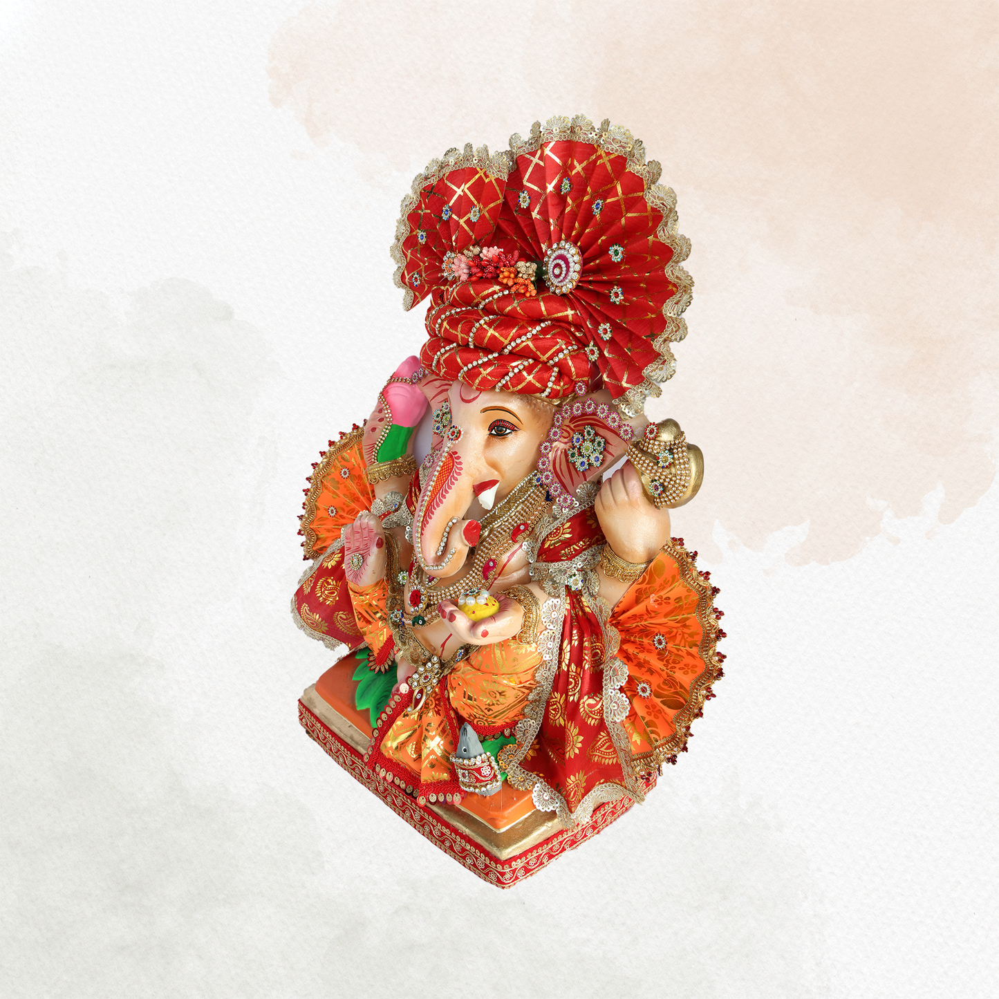 19 Inch – Royal Red Ganesha Idol | Eco-Friendly Shadu Mitti Murti with Lotus & Modak | Traditional Maharashtrian Design