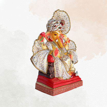 34Inch - Royal Seated Ganesha Idol in Elegant White & Gold Attire | Shadu Mitti Murti with Designer Pagdi and Golden Kalash