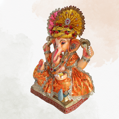 19 Inch – Royal Ganesha Idol in Traditional Orange Dress | Shadu Mitti Murti with Decorative Turban & Back Halo