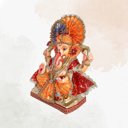 19 Inch – Grand Red & Orange Ganesha Idol with Designer Fan Crown | Shadu Mitti Eco-Friendly Murti with Modak