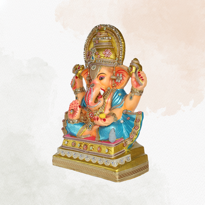 25 Inch – Radiant Ganesha Idol in Blue-Gold Attire | Eco-Friendly Shadu Mitti Murti with Ornate Crown & Modak Pose