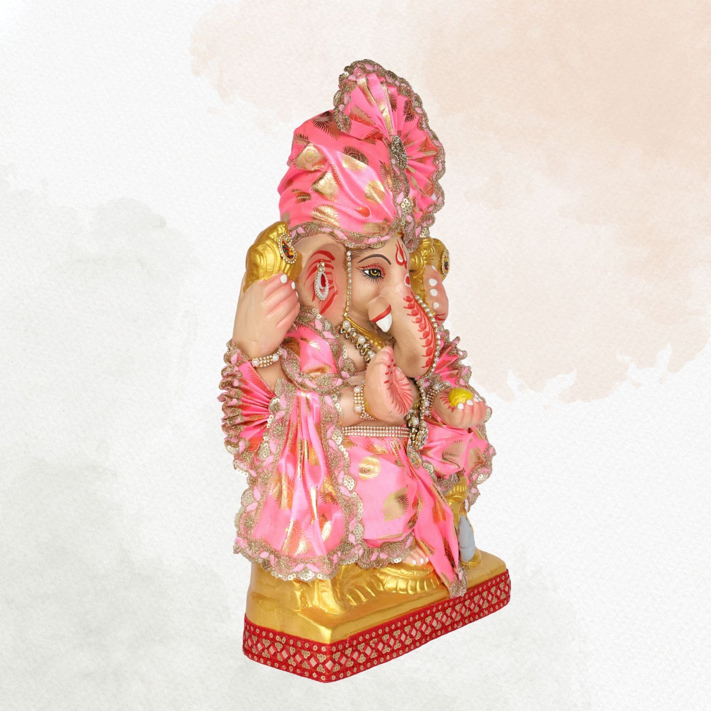 23 Inch – Regal Seated Ganesha Idol in Pink & Gold Attire | Shadu Mitti Clay Murti with Fan-Style Pagdi & Designer Pearl Work
