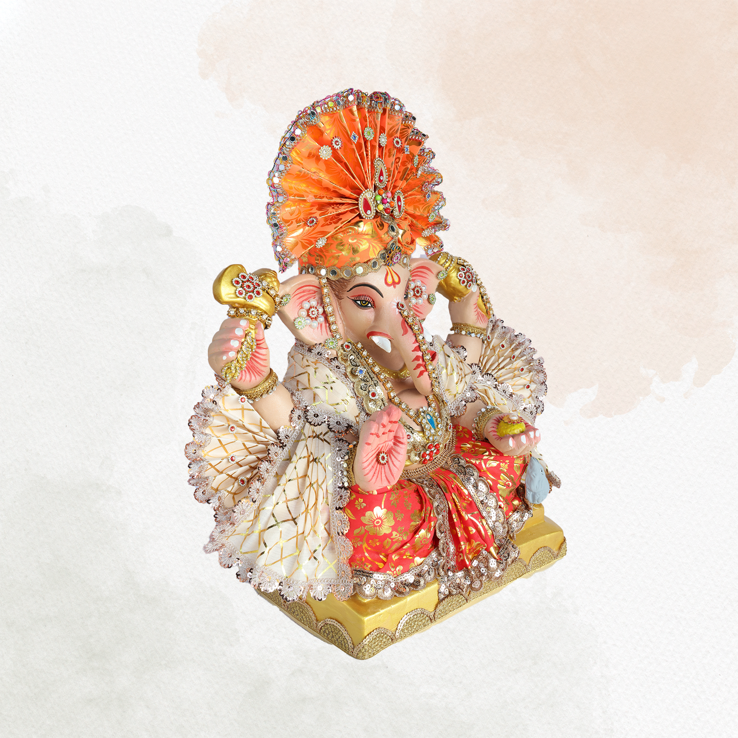 19 Inch – Majestic Seated Ganesha Idol in Red & White Attire – Shadu Mitti Clay Murti with Designer Orange Mukut & Fan Crown